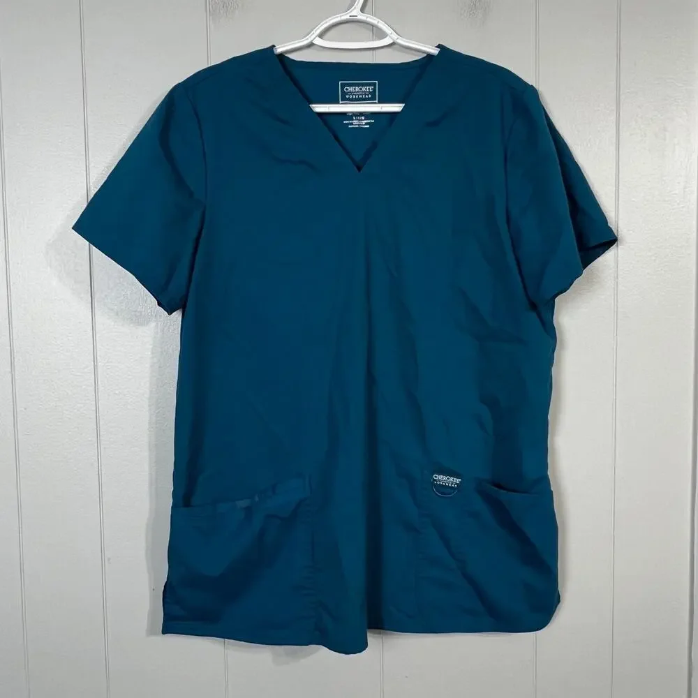 Cherokee Revolution Scrub Set Bundle Women Large Tops Pants Caribbean Blue Red